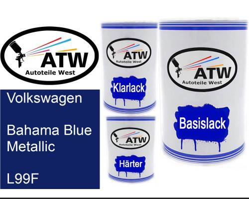 Volkswagen, Bahama Blue Metallic, L99F: 500ml Lackdose + 500ml Klarlack + 250ml Härter - Set, von ATW Autoteile West.